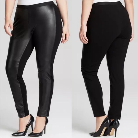Eileen Fisher | Black Leather Front Panel Pull On Ponte Knit Pants 3X Woman - Picture 1 of 6